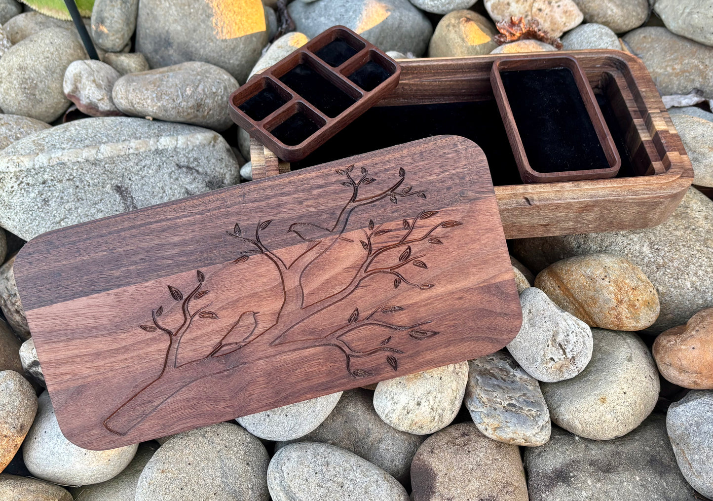 Walnut Jewelry Box – Handcrafted with Lid & Tree Engraving