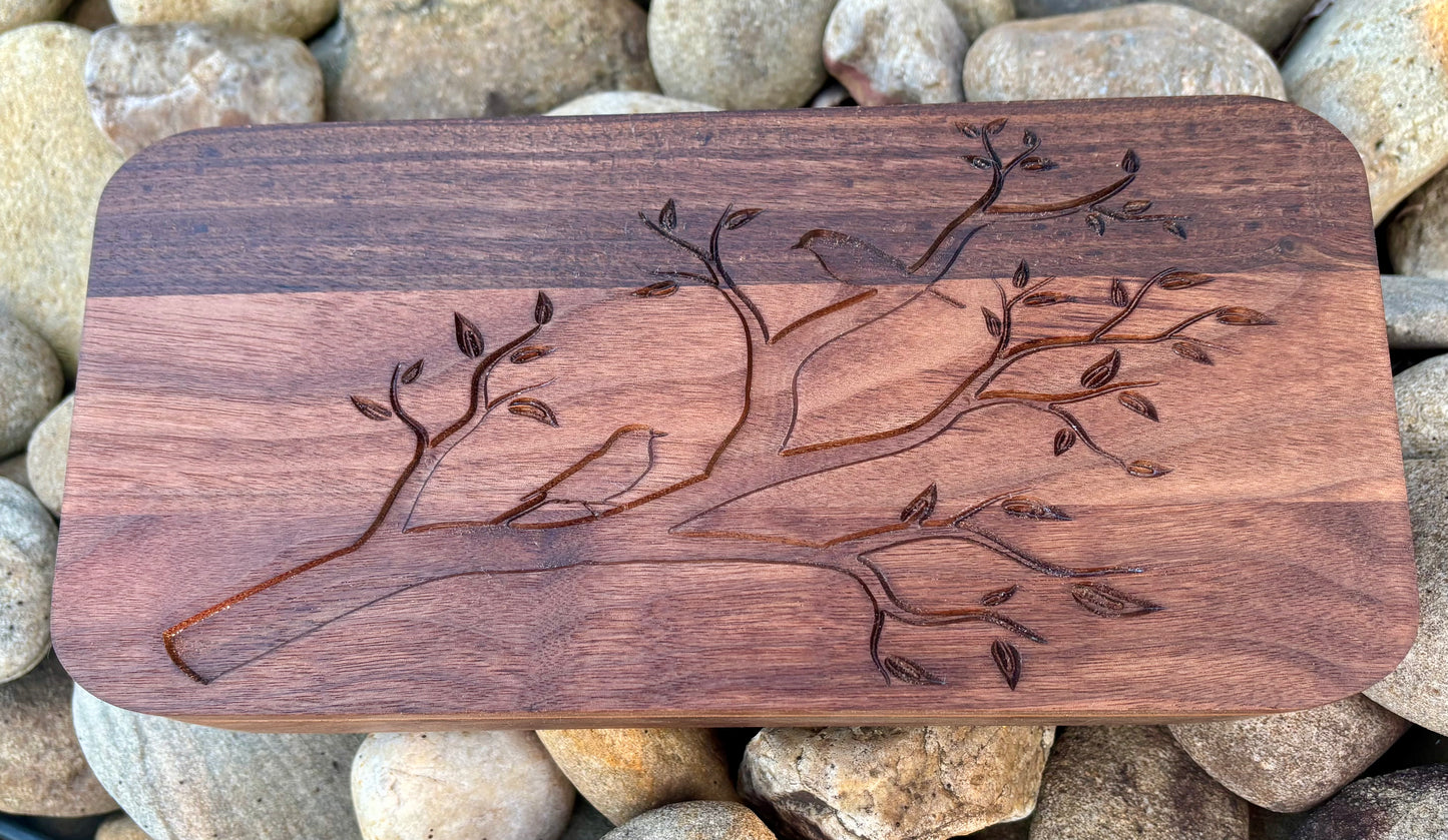 Walnut Jewelry Box – Handcrafted with Lid & Tree Engraving