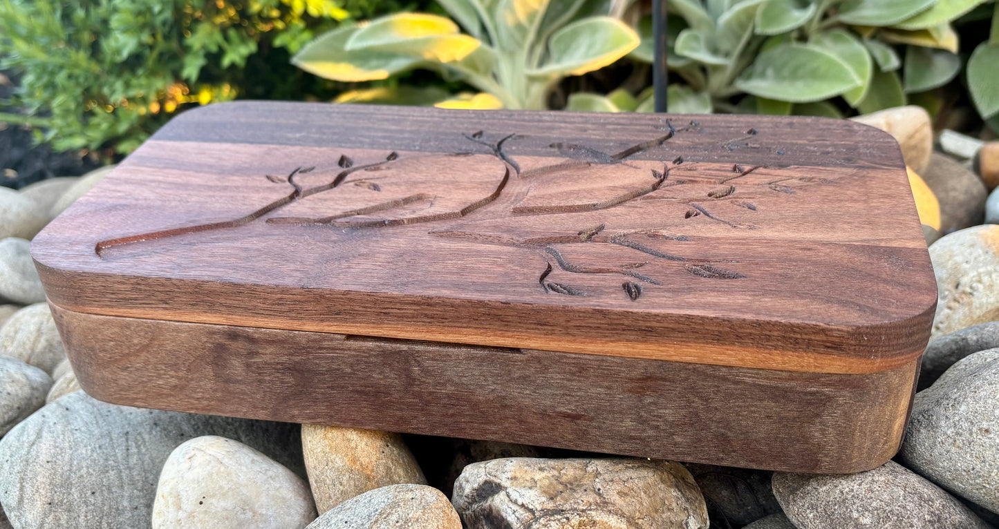 Walnut Jewelry Box – Handcrafted with Lid & Tree Engraving
