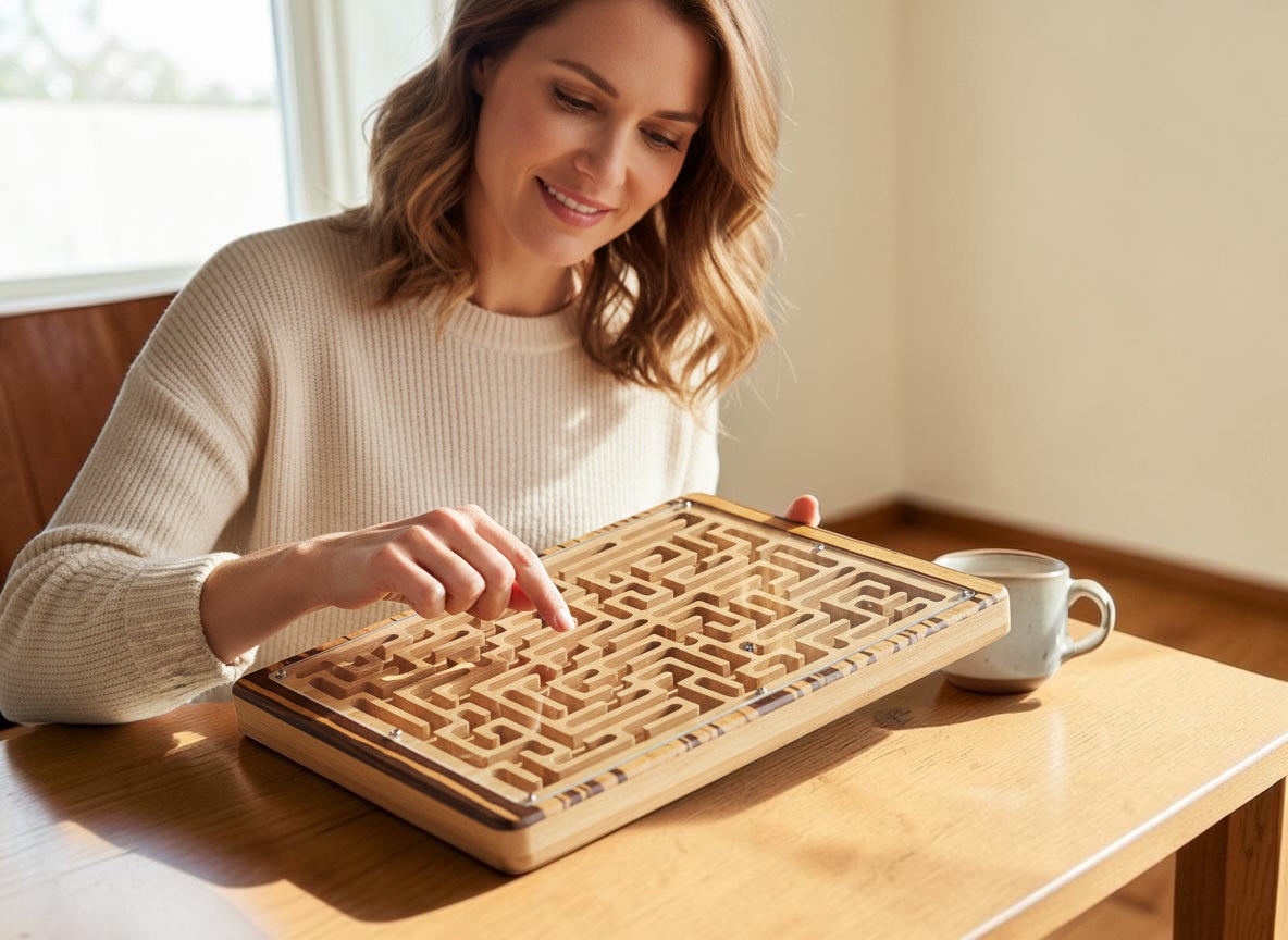 Bamboo Labyrinth Puzzle – Desktop Brain Teaser with Ball Bearing