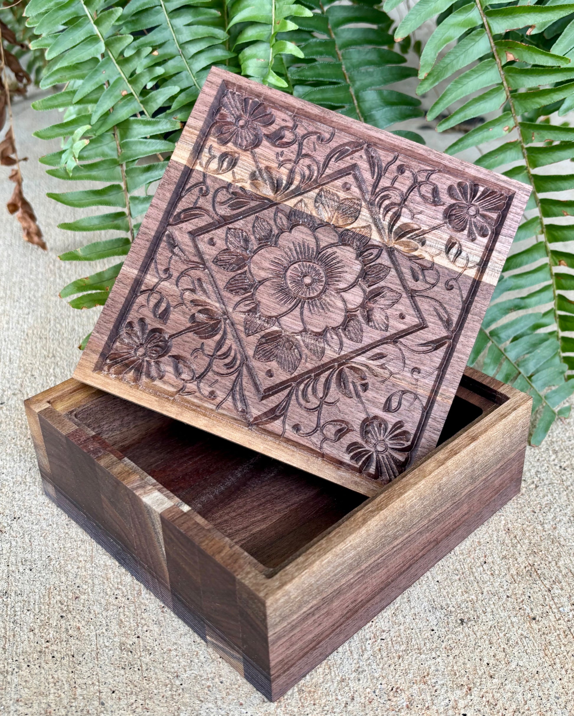 Handmade Wooden Jewelry Box Carved Mandala Design Walnut Wood Storage Keepsake Box Gift Spalted Walnut Natural Finish Floral Pattern Artisan Crafted Details Unique Trinket Organizer Beautiful Home Storage Solution Premium Quality