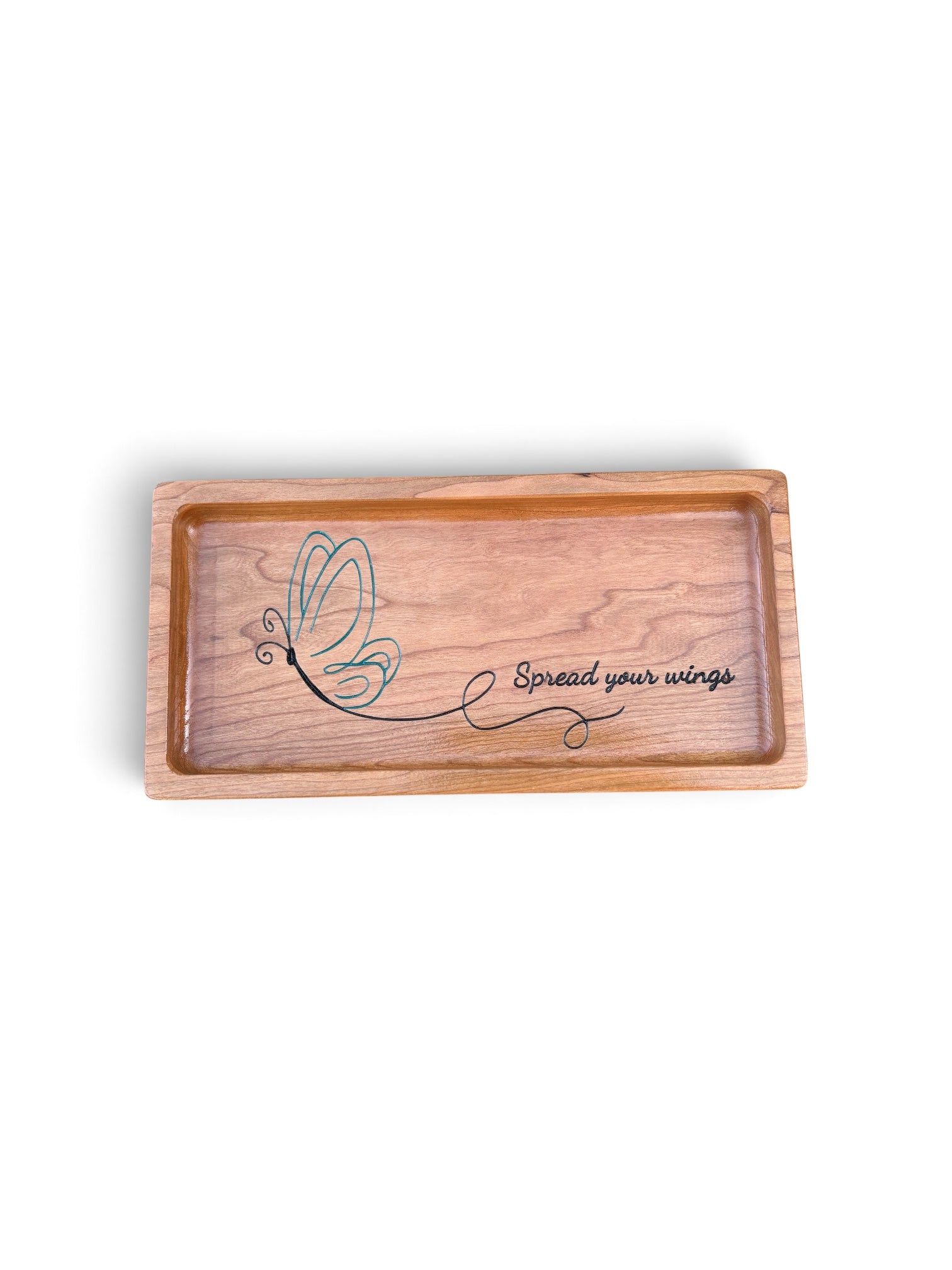 Wooden Jewelry Tray Organizer Carved Butterfly Design Cherry Wood Catchall Storage Dresser Accessory Blue Accent Lines Spread Your Wings Inspirational Message Rectangular Shape Raised Edges Polyurethane Finish Bedroom Vanity Holder Small