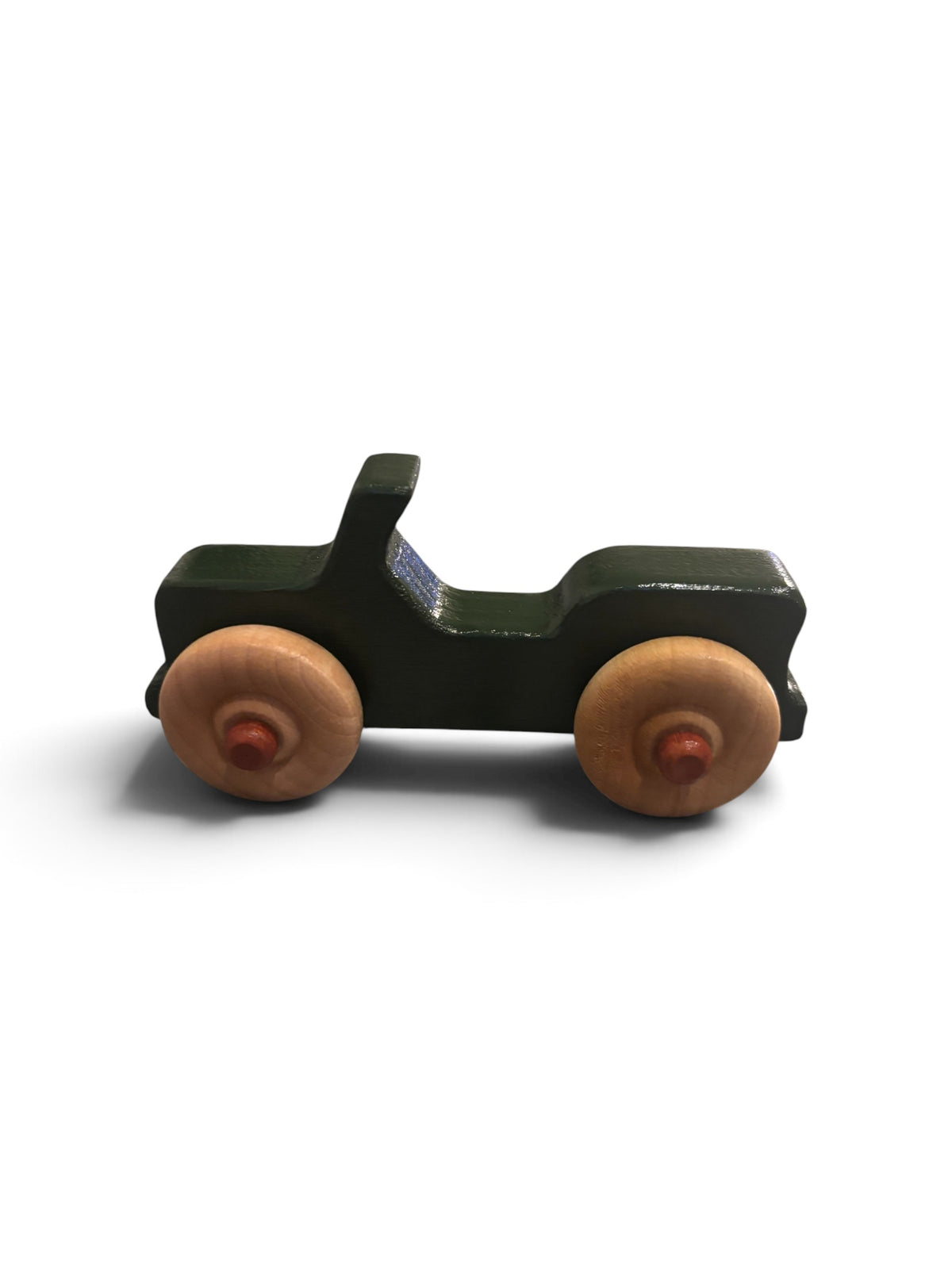 Handmade Wooden Toy Jeep Crafted From Natural Pine Wood Non Toxic Dark Green Paint Shellac Finish Chunky Design For Toddler Hands Ages Three And Up Natural Wood Wheels Red Center Caps Safe Vehicle Toy Perfect Birthday Gift Imaginative Play